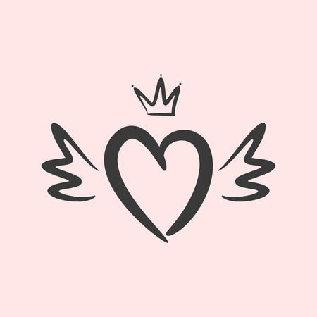 Outline of heart with wings and crown. Drawn by hand, sketch, doodle. Cute vector illustration.のイラスト素材