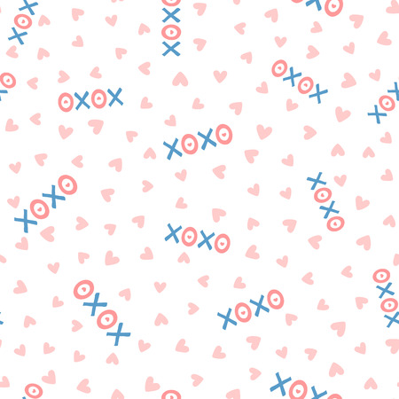 Repeating hearts and text Xoxo. Romantic seamless pattern. Cute endless print. White, pink, blue. Vector illustration.のイラスト素材