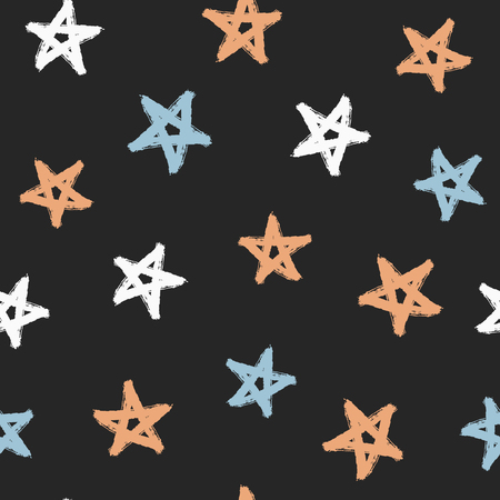 Randomly scattered stars painted with rough brush. Colorful seamless pattern. Grunge, watercolour, sketch, graffiti. Endless print. Trendy vector illustration.のイラスト素材