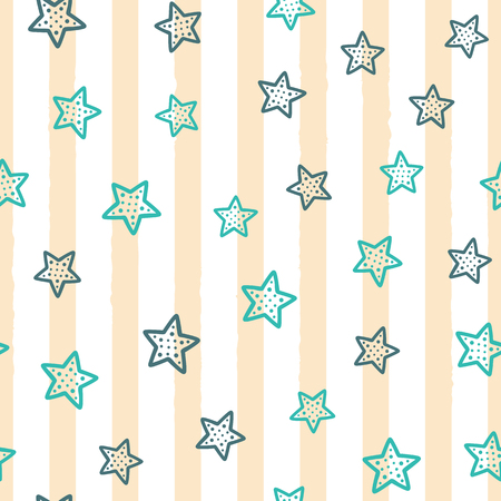Cute stars on background with vertical stripes. Seamless pattern drawn by hand. Modern vector illustration.のイラスト素材