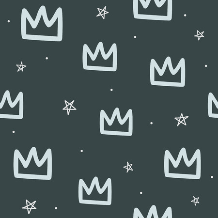 Repeated round dots, crowns and stars drawn by hand. Seamless pattern for children. Sketch, doodle, scribble. Endless trend print.のイラスト素材