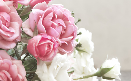 Floral background with bouquet of roses. Rectangular horizontal photo with flowers.の写真素材