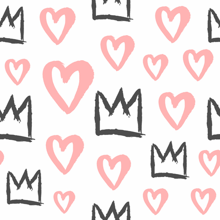 Endless print with crowns and hearts painted with rough brush. Stylish seamless pattern for girls. Grunge, sketch, watercolour, graffiti. Girly vector illustration.のイラスト素材