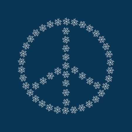 Symbol of peace made up of snowflakes drawn by hand. White sign isolated on blue background. Vector illustration.のイラスト素材