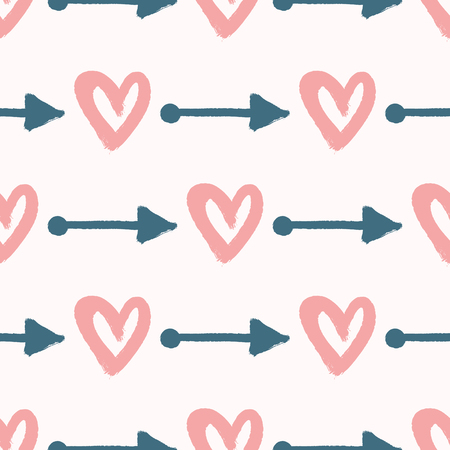 Repeating hearts and arrows drawn by hand with watercolour brush. Cute seamless pattern. Sketch, graffiti, watercolor, paint. Romantic vector illustration.のイラスト素材