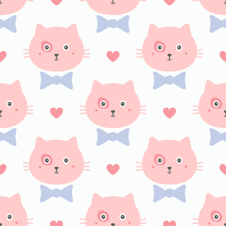 Repeated faces of cute cats with bows and hearts. Girly seamless pattern. Endless print with kittens. Children vector illustration.のイラスト素材
