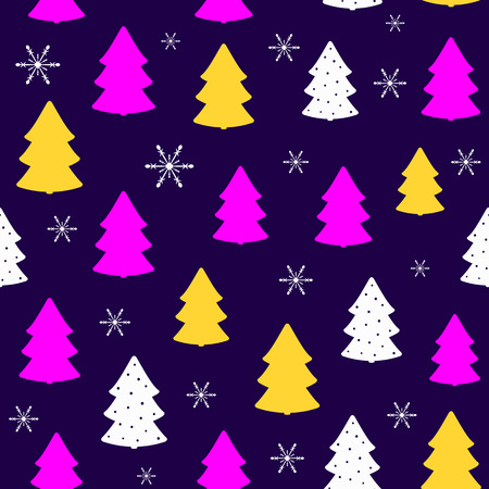 Repeated snowflakes and silhouettes of Christmas trees. Colorful new year seamless pattern. Simple vector illustration.のイラスト素材