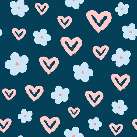 Repeating hearts and flowers drawn by hand with rough brush. Cute girlish seamless pattern. Sketch, watercolor, grunge, graffiti. Girly vector illustration.のイラスト素材