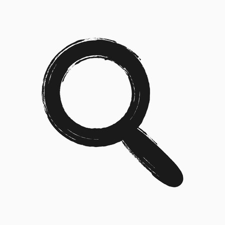 Magnifying glass drawn by hand with a rough brush. Search icon. Sketch, watercolour, grunge, paint, graffiti. Black symbol isolated on white background. Vector illustration.のイラスト素材