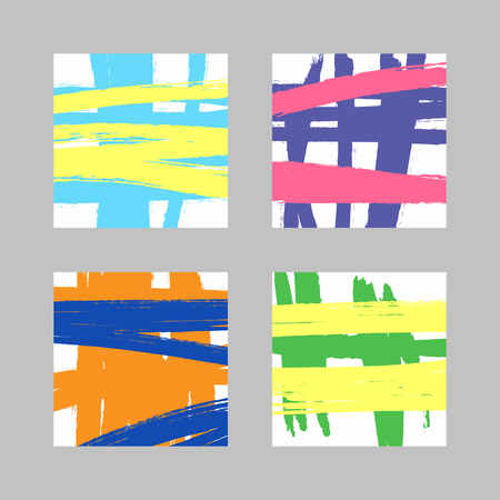 Set of square templates with colour brush strokes. Sketch, grunge, watercolor, paint. White, blue, yellow, purple, orange, green. Trendy vector illustration.のイラスト素材
