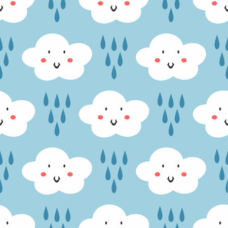 Repeated raindrops and clouds with smiling faces. Cute seamless pattern for kids. Funny children's print. Cartoon vector illustration.のイラスト素材