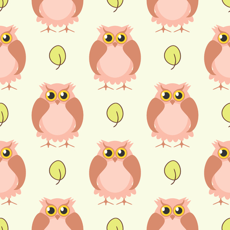Seamless pattern with funny owls and leaves. Stylish print. Vector illustration.のイラスト素材