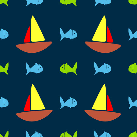 Cute seamless pattern with colored fish and sailboats. Beach print for children. Simple vector illustration.のイラスト素材