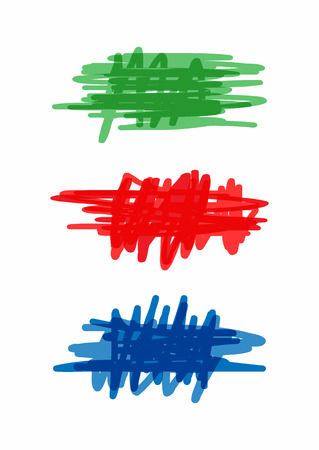 Set of colored scribbles. Isolated elements with chaotic lines drawn by hand. Green, red, blue. Vector illustration.のイラスト素材
