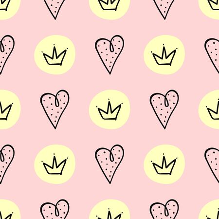 Seamless pattern with hearts and crowns drawn by hand. Cute print for girls. Vector illustration.のイラスト素材