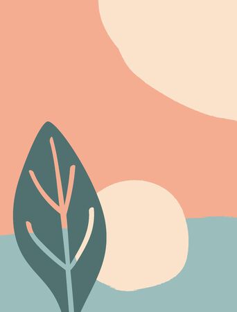 Vertical abstract background with geometric shapes and plant leaf. Paint, watercolor, sketch. Modern vector illustration.のイラスト素材
