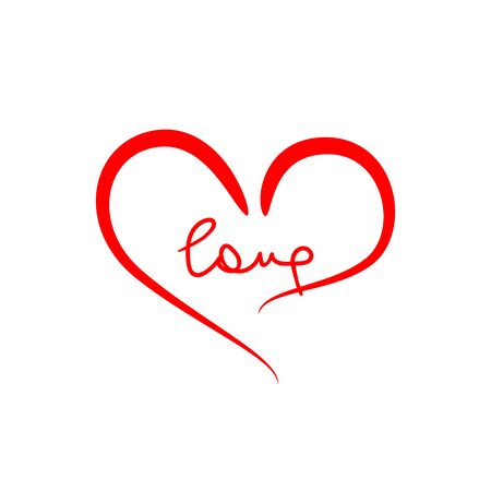 Heart shape and handwritten text Love. Doodle, sketch. Romantic vector illustration.のイラスト素材