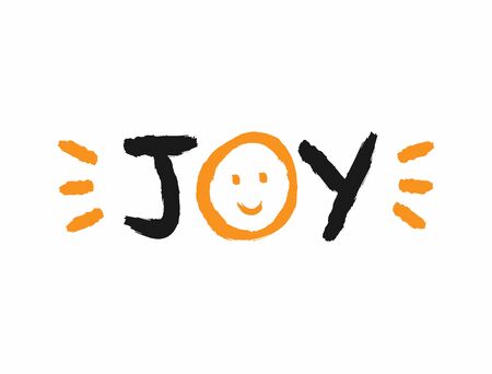 Text Joy with a smiling face and splashes of paint. Sketch, grunge, watercolor, graffiti. Funny vector illustration.のイラスト素材