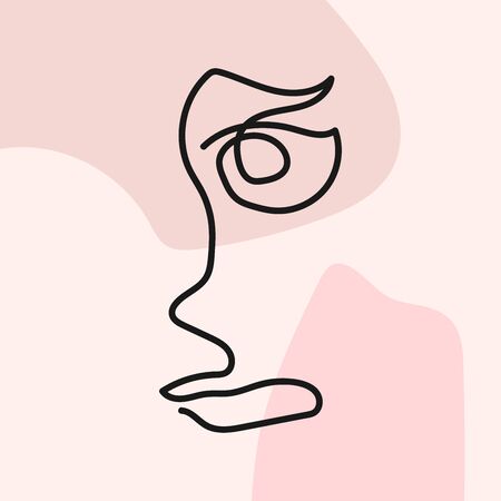 Creative sketch of human face on background with abstract shapes. Drawn by hand. Modern vector illustration.のイラスト素材