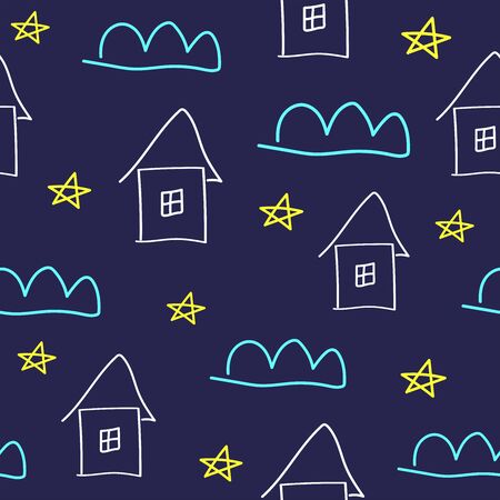 Seamless pattern with a house in the night sky. Pajama print drawn by hand. Doodle, sketch. Vector illustration.のイラスト素材
