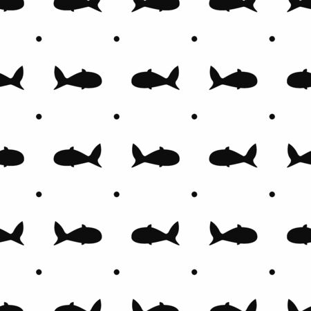 Seamless pattern with abstract fish silhouettes and polka dots. Simple minimal print. Vector illustration.のイラスト素材