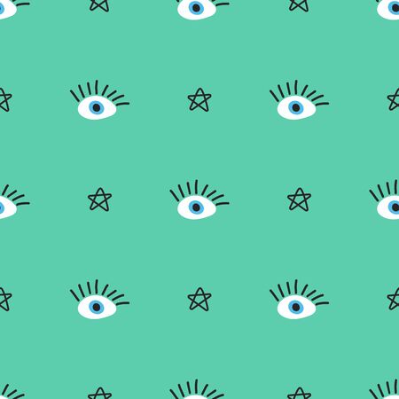 Seamless pattern with eyes and stars drawn by hand. Doodle, sketch. Modern vector illustration.のイラスト素材