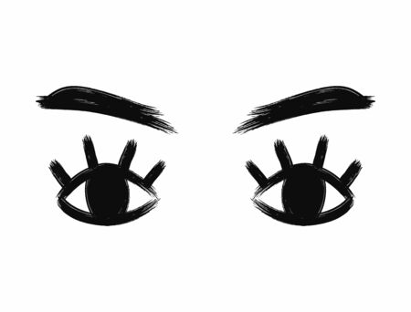 Isolated eyes with brows and lashes drawn with a watercolor brush. Sketch, paint, ink. Vector illustration.のイラスト素材