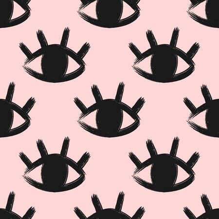 Simple seamless pattern with open eyes and lashes drawn by hand with a rough brush. Sketch, watercolour, paint, ink. Cute vector illustration.のイラスト素材