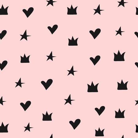 Cute seamless pattern with crowns, hearts and stars. Girly vector illustration.のイラスト素材