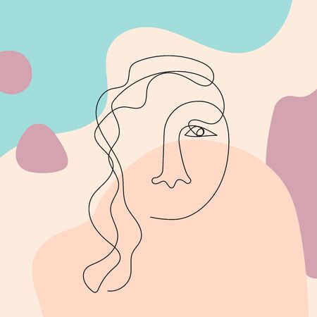 Sketch of female face on abstract background. Drawn in continuous line. Modern vector illustration.のイラスト素材