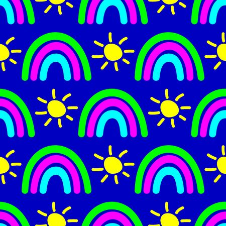 Colorful seamless pattern with rainbow and sun drawn by hand.のイラスト素材