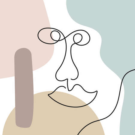 Funny sketch of a human face drawn by hand with a single line. Abstract background. Modern vector illustration.のイラスト素材