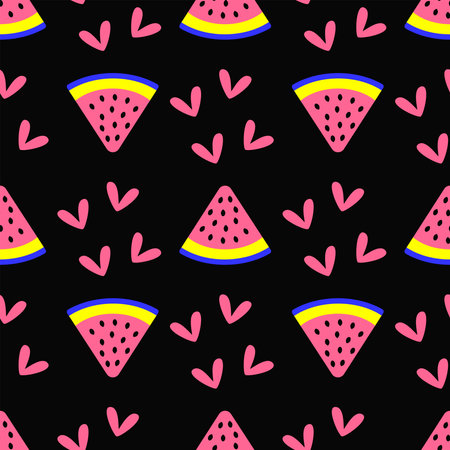 Girly seamless pattern with hearts and watermelon slices. Cute endless print. Vector illustration.のイラスト素材