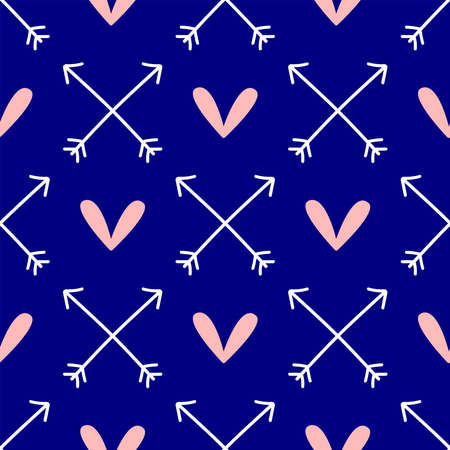 Cute seamless pattern with hearts and crossed arrows drawn by hand. Romantic endless print. Vector illustration.のイラスト素材