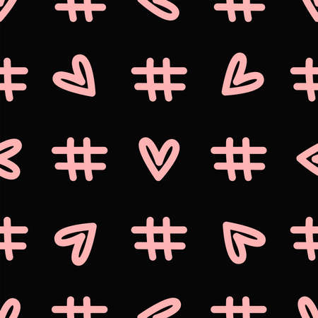 Seamless pattern with repeating hashtag and heart drawn by hand. Sketch, doodle. Cute endless print....