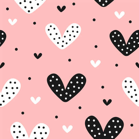 Cute seamless pattern with hearts and dots. Endless girly print. Vector illustration.のイラスト素材