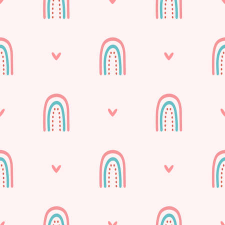 Cute girly seamless pattern with repeating heart and rainbow drawn by hand. Vector illustration.のイラスト素材