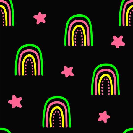Bright seamless pattern with stars and rainbows drawn by hand. Endless girly print. Cute vector illustration.のイラスト素材