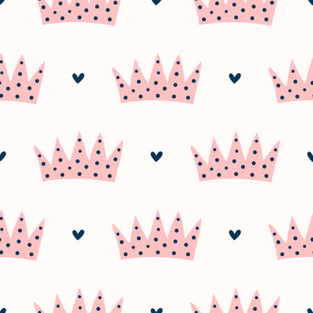 Girly seamless pattern with repeating crowns and hearts. Drawn by hand. Cute endless print. romantic vector illustration.のイラスト素材