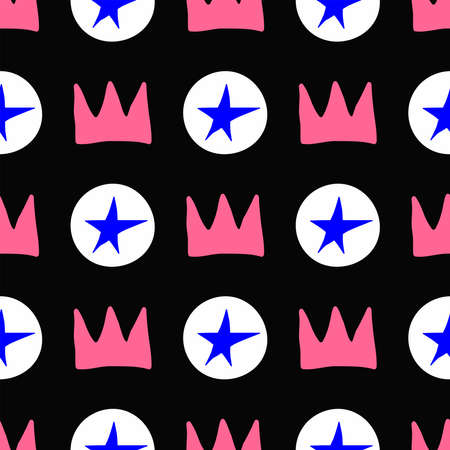 Repeating star on a round background and a crown. Drawn by hand. Cute vector illustration.のイラスト素材