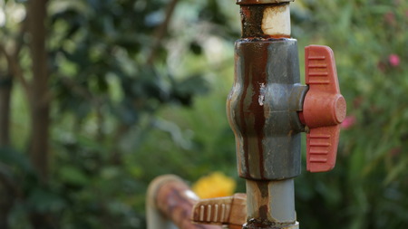 Phone button, call support idea, Vintage Red Water Pipe Valve in Gardenillustration. Old fashion phone iconの写真素材