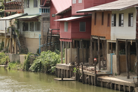 Vintage Colorful Wood Float House - Riverside Phetchaburi Thailandの写真素材