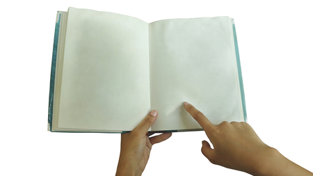 Female Hand Holding Blank Book/ Pointing Finger on White Background - Shrivelled Paper Texture/ Blue Hardcoverの写真素材