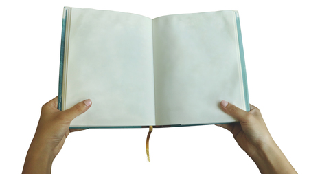 Female Hand Holding Blank Book on White Background - Shrivelled Paper Texture/ Teal Hardbackの写真素材