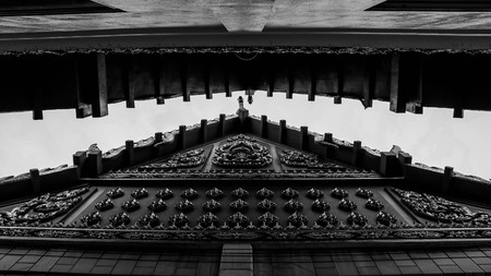Monochromatic Symmetrical Buddhist Temple Roof in Bangkok Thailand with Beautiful Patterns. Low...