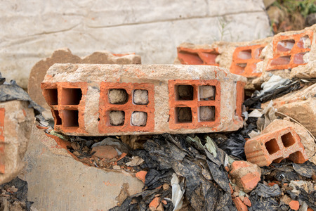 Big Heap of Concrete/ Cement Junk - Brick Wall Fragments with Plastic Garbage/ Trash - Construction....