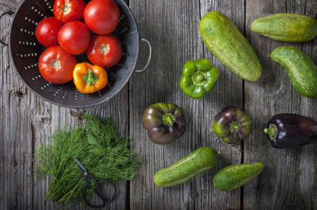 A rustic scene of freshly picked fruits and vegetables including tomatoes, peppers, cucumbers and dill on a wooden background.の写真素材