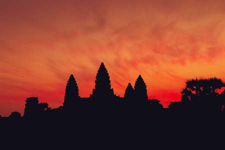 Ancient temple complex Angkor Wat at dawn, silhouette. Siem Reap, Cambodia.の写真素材