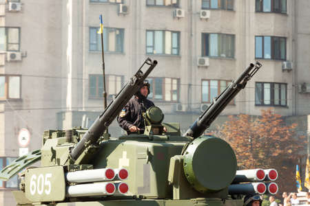 A man in a tank at the parade on the day of victory over World War II. May 9, Kiev, 2019.