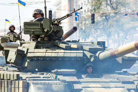 Tank in smoke at the parade on the day of victory over World War II. Close-up. May 9, 2019, Kiev, Ukraine.のeditorial素材
